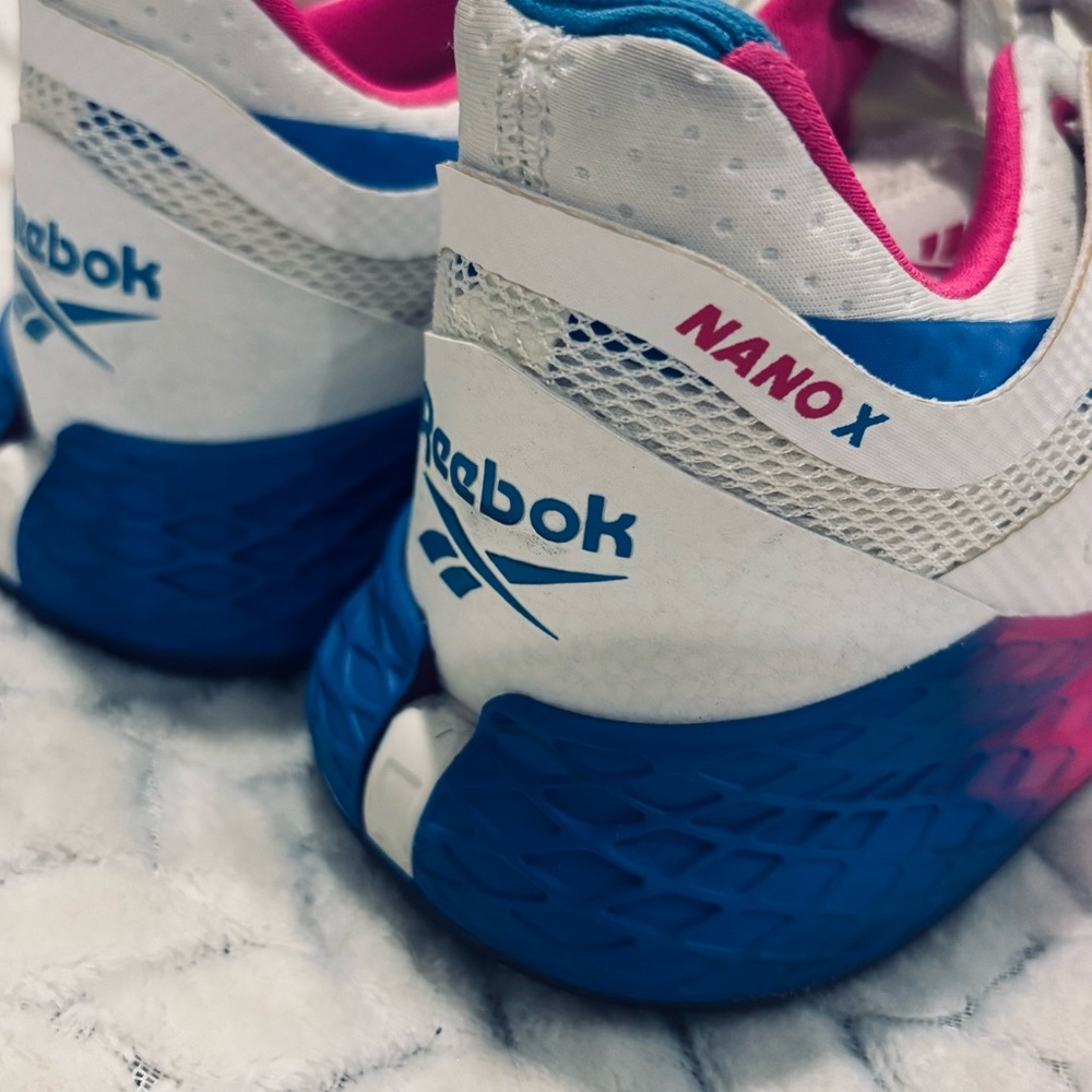 Reebok White and Blue Athletic Shoes Mesh Design